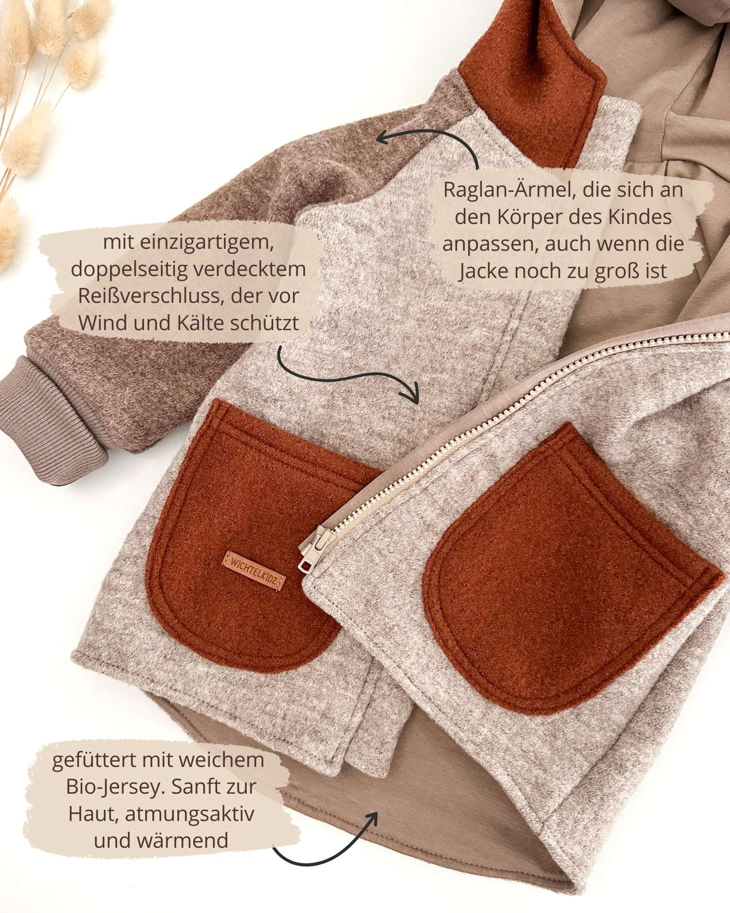 unisex Colorblocking Kinder Wollwalk Jacke mit Reißverschluss und Taschen
